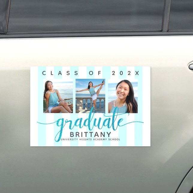 Turquoise stripes graduation 3 photo script modern car magnet (Creator Uploaded)