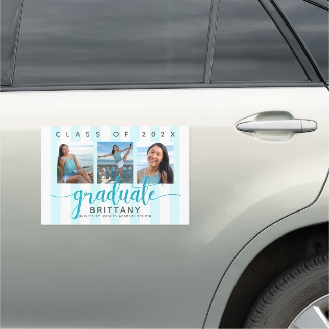 Turquoise stripes graduation 3 photo script modern car magnet (In Situ)