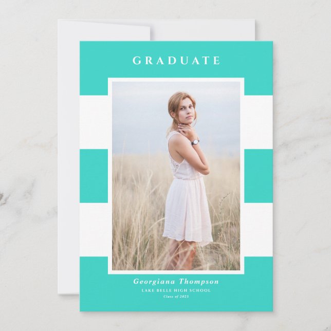 Turquoise Stripes Pattern 2022 Photo Graduation Announcement (Front)