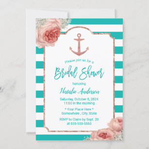Turquoise Stripes Rose Gold Anchor Bridal Shower Invitation