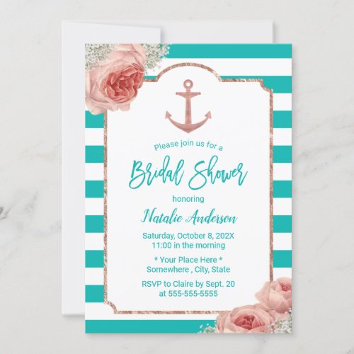 Turquoise Stripes Rose Gold Anchor Bridal Shower Invitation