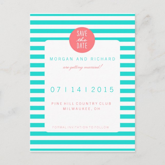 Turquoise Stripes - Save the Date Postcards (Front)
