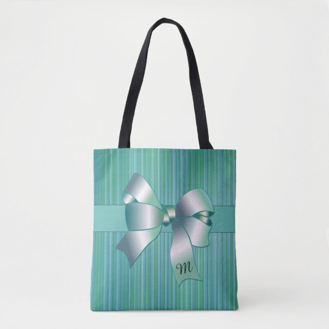 Turquoise Stripes with Bow Tote Bag (Front)