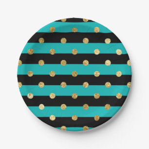 Turquoise Stripes with Polka Dots Birthday Party Paper Plates