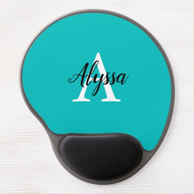Turquoise Stylish Monogram Script Gel Mousepad (Front)