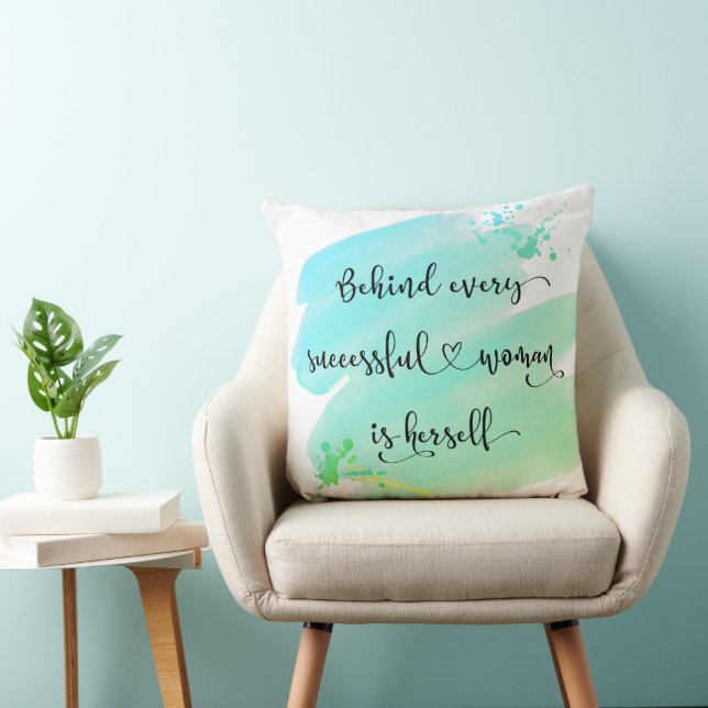 Turquoise Successful Woman Watercolor Ombre Script Throw Pillow (Chair)