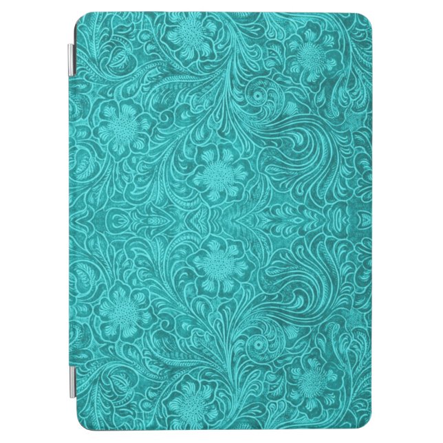 Turquoise Suede Leathe -Embossed Floral Design iPad Air Cover (Front)