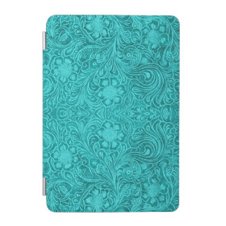 Turquoise Suede Leathe -Embossed Floral Design iPad Mini Cover