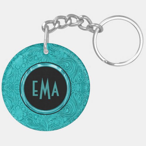 Turquoise Suede Leather Floral Design Keychain