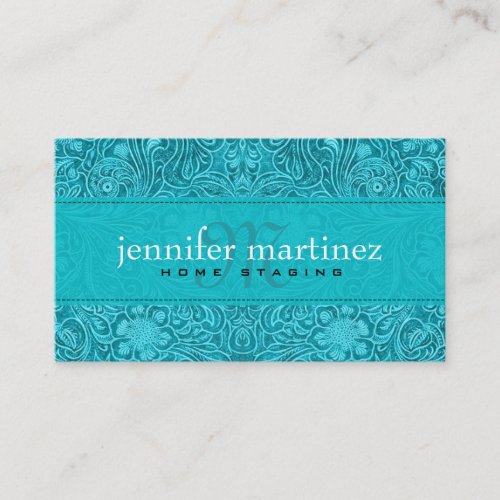 Turquoise Suede Leather Look Vintage Floral Design Business Card
