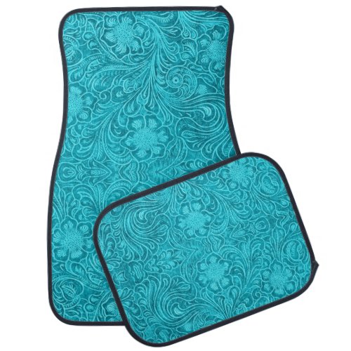 Turquoise Suede Leather Texture Floral Pattern Car Mat