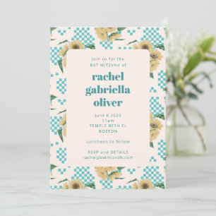 Turquoise Sunflower Checkerboard Bat Mitzvah Invitation