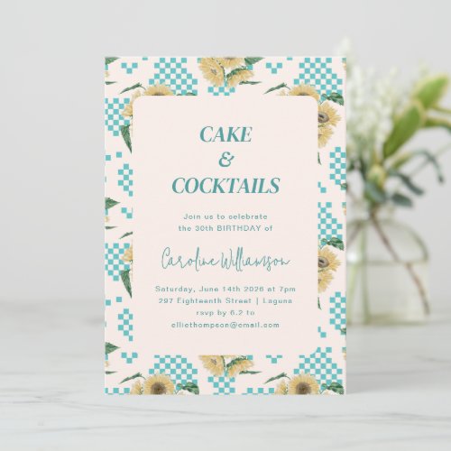 Turquoise Sunflower Checkerboard Birthday Party Invitation