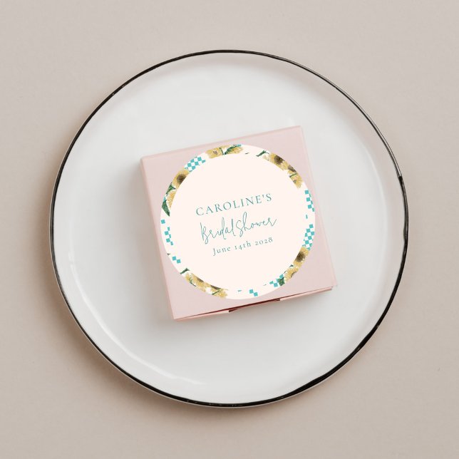 Turquoise Sunflower Checkerboard Bridal Shower  Classic Round Sticker (Creator Uploaded)