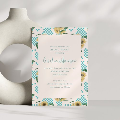Turquoise Sunflower Checkerboard Bridal Shower  Invitation