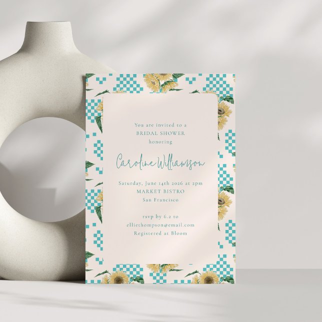 Turquoise Sunflower Checkerboard Bridal Shower  Invitation (Creator Uploaded)