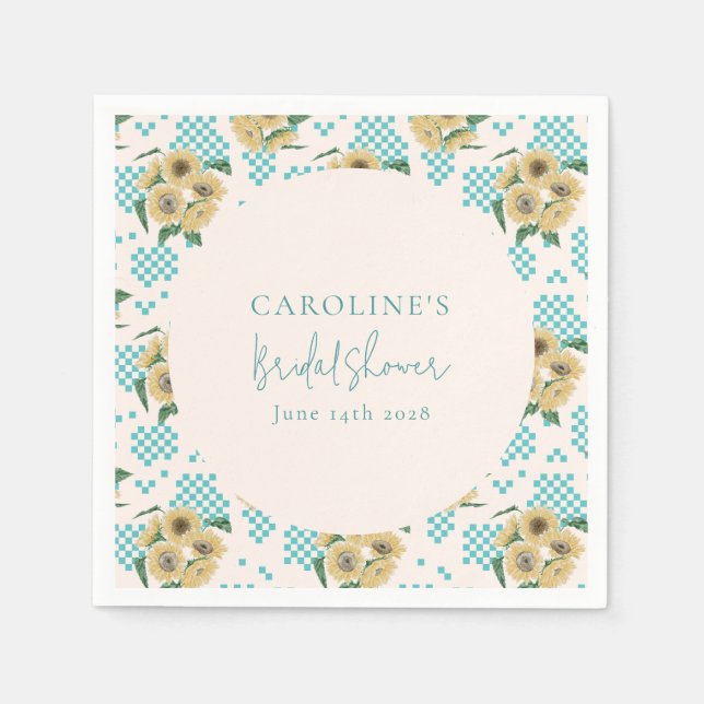 Turquoise Sunflower Checkerboard Bridal Shower  Napkins (Front)