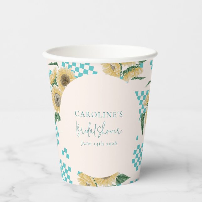 Turquoise Sunflower Checkerboard Bridal Shower  Paper Cups (Front)