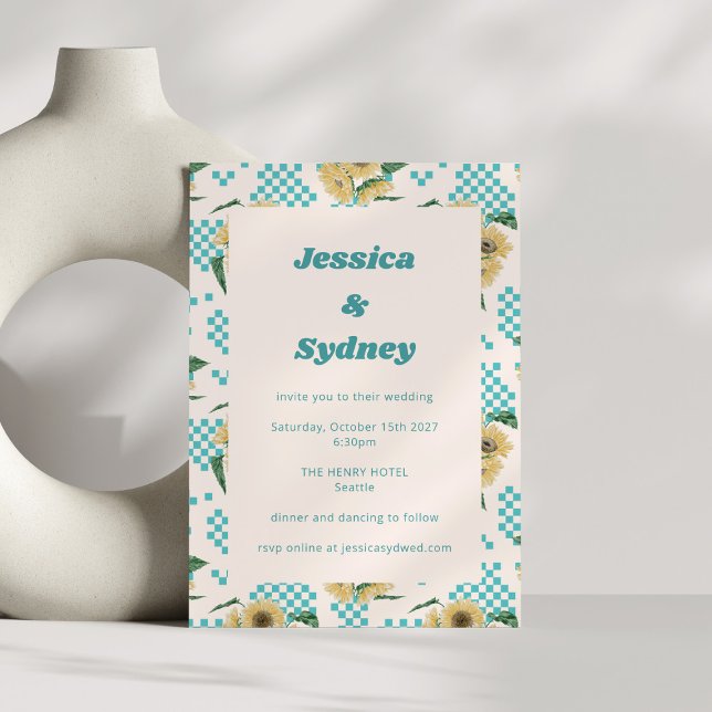 Turquoise Sunflower Checkerboard Retro Wedding Invitation (Creator Uploaded)