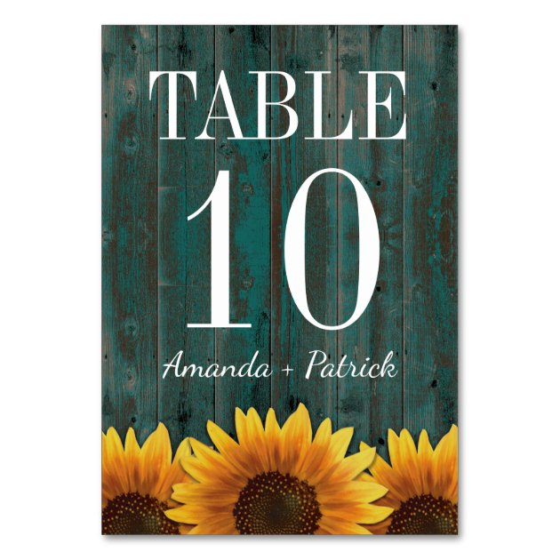 Turquoise Sunflower Wedding Table Number Cards