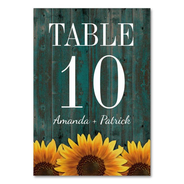 Turquoise Sunflower Wedding Table Number Cards (Front)