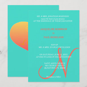 Turquoise Sunset Heart Monogram Invitation