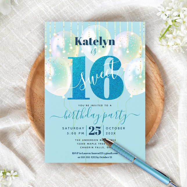 Turquoise Sweet 16 Birthday Balloon Glitter Script Invitation (Creator Uploaded)