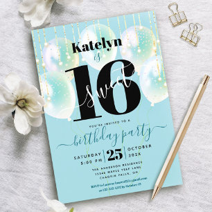 Turquoise Sweet 16 Birthday Balloons Script Girly Invitation