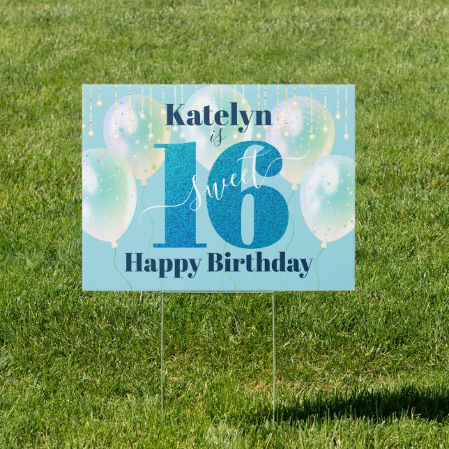 Turquoise Sweet 16 Birthday Modern Balloons Yard Sign (Insitu)