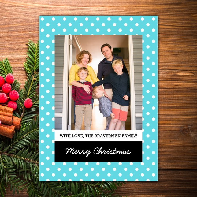 Turquoise Sweet Polka Dot Holiday Photo Flat Card (Turquoise Sweet Polka Dot Holiday Photo Card)