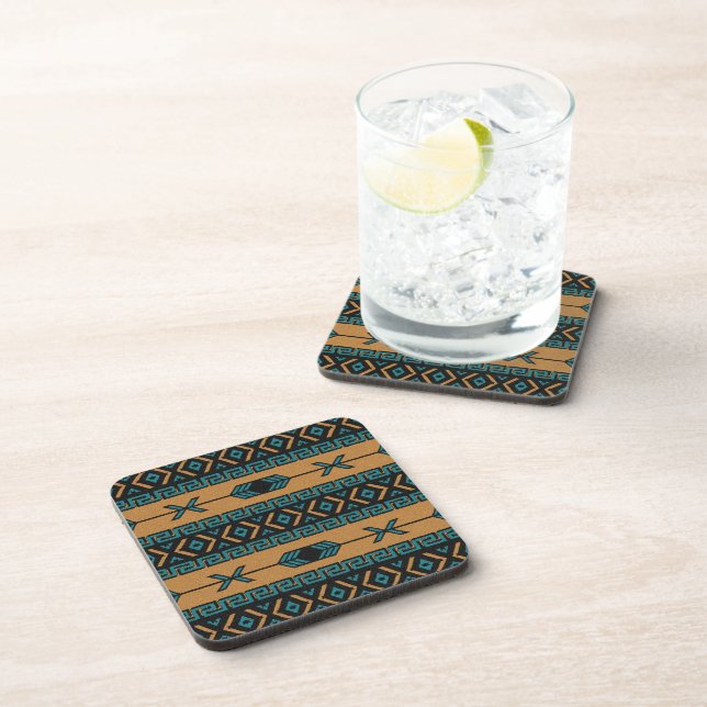 Turquoise Tan Aztec Pattern Southwestern Design Beverage Coaster (Right Side)