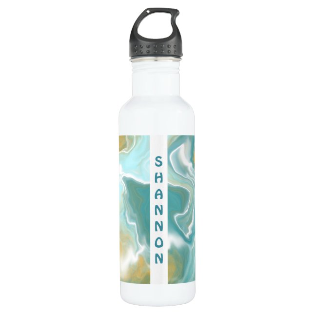 Turquoise, Tan Fluid Art Marble Personalized Stainless Steel Water Bottle (Front)