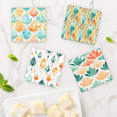 Turquoise Tangerine Abstract Floral Bridal Shower Coaster Set