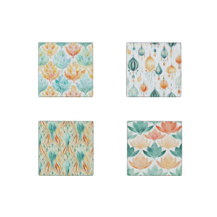 Turquoise Tangerine Abstract Floral Bridal Shower Stone Magnet