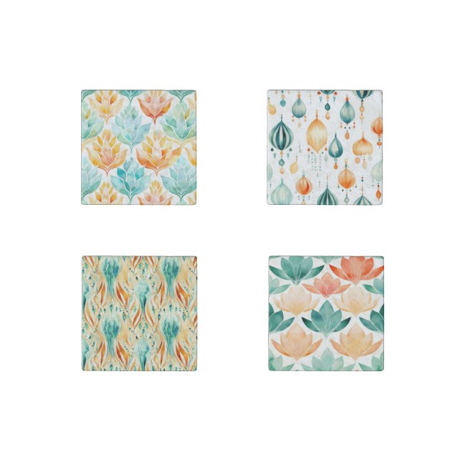 Turquoise Tangerine Abstract Floral Bridal Shower Stone Magnet (Front)