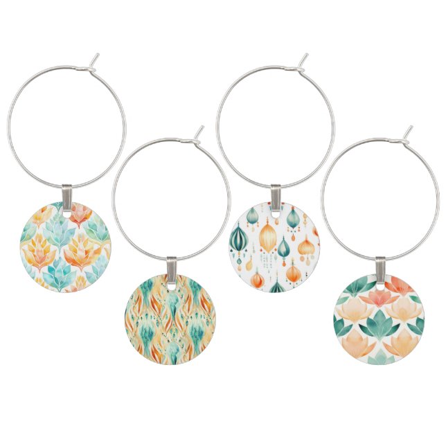 Turquoise Tangerine Abstract Floral Bridal Shower Wine Charm (Staggered)