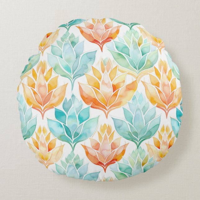 Turquoise Tangerine Abstract Floral Round Pillow (Front)