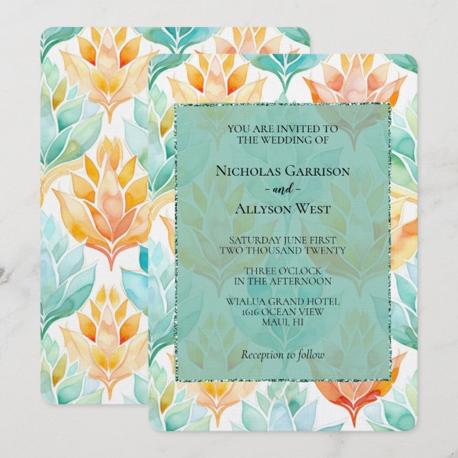 Turquoise Tangerine Abstract Floral Wedding Invitation (Front/Back)