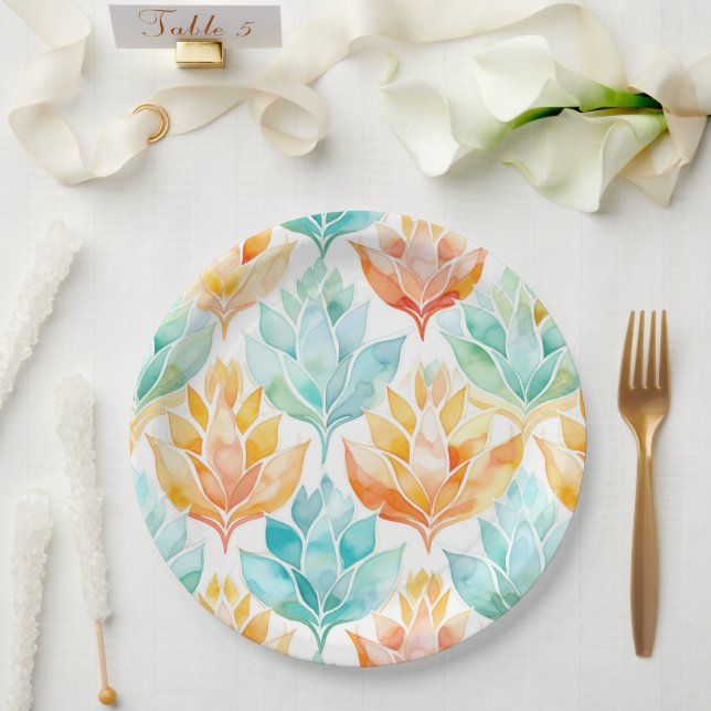 Turquoise Tangerine Abstract Floral Wedding Paper Plates (Wedding)