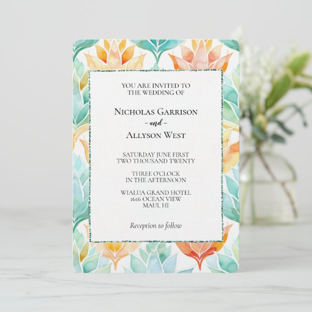 Turquoise Tangerine Abstract Floral White Wedding Invitation (Standing Front)