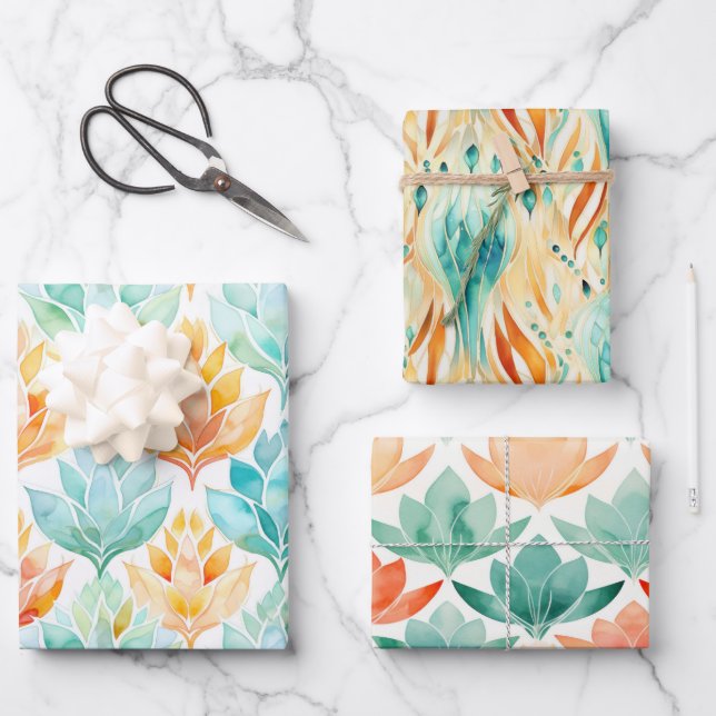 Turquoise Tangerine Abstract Jewel Floral Wrapping Paper Sheets (Front)