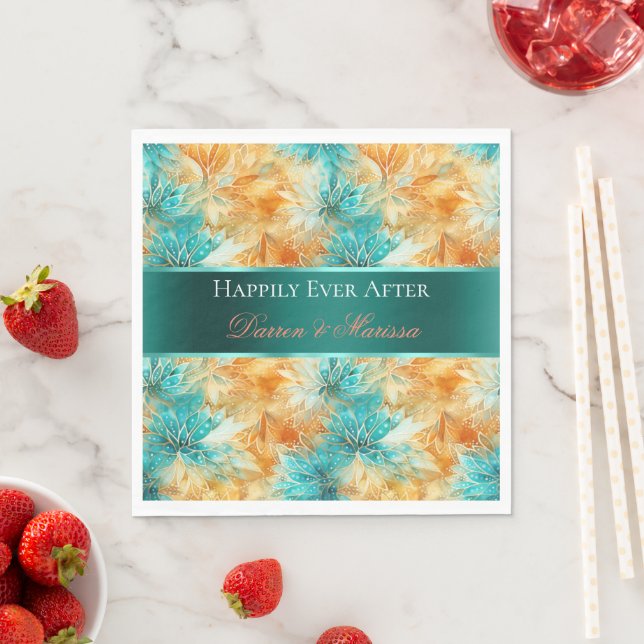 Turquoise Tangerine Flowers Wedding Napkins (Insitu)