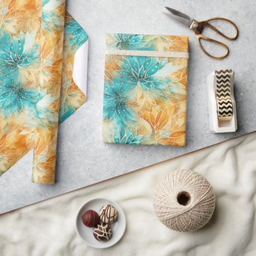 Turquoise Tangerine Flowers Wedding Wrapping Paper