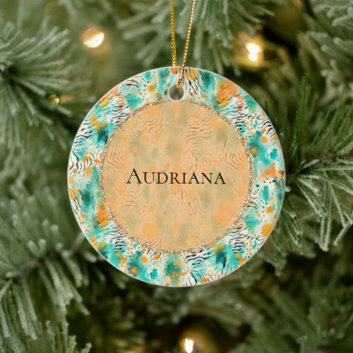 Turquoise Tangerine Whimsical Watercolor Ceramic Ornament