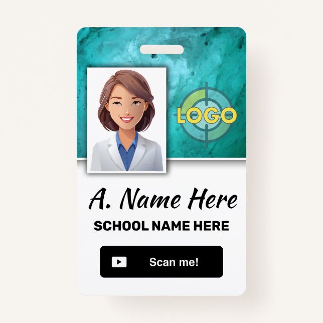 Turquoise Teacher & School Staff Photo ID Template Badge (Front)
