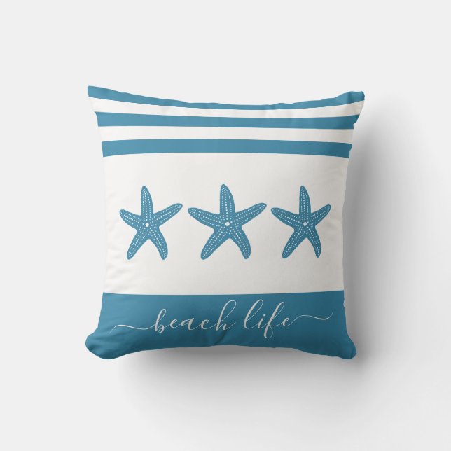 Turquoise teal 3 starfish beach life modern script throw pillow (Front)