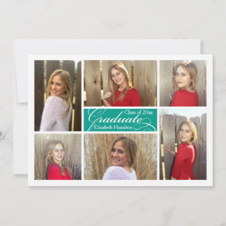 Turquoise Teal 6 Photo Collage Custom Graduation Invitation