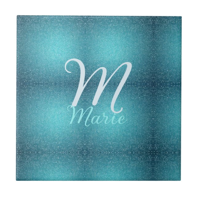 Turquoise teal agate aqua monogram add letter text ceramic tile (Front)