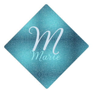 Turquoise teal agate aqua monogram add letter text graduation cap topper