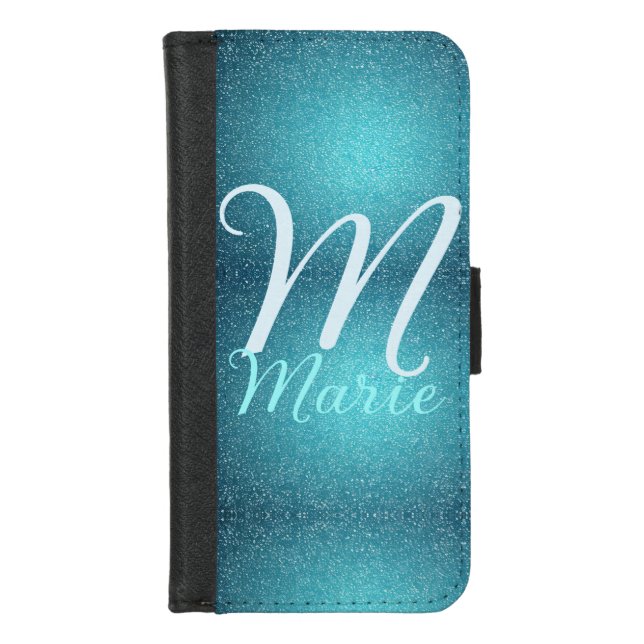 Turquoise teal agate aqua monogram add letter text iPhone wallet case (Front)